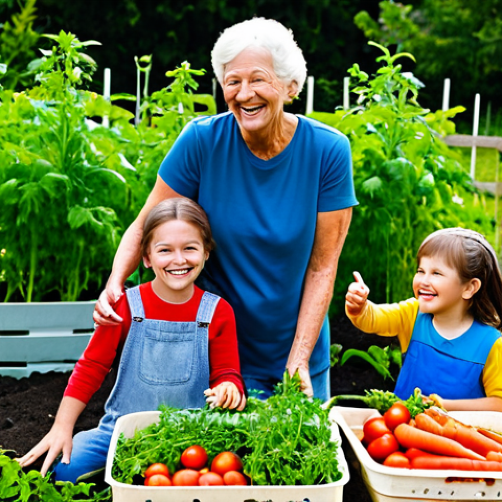 A multi-generational family, including two parents and two children, joyfully engaging in a home vegetable garden. The children are happily harvesting ripe tomatoes and pulling fresh carrots from the soil, their faces beaming with discovery and showing gentle dirt smudges. The parents are smiling, pointing to thriving plants and holding baskets overflowing with colorful, freshly picked produce. They are all wearing practical, modest farm clothing, fully clothed. The setting is a vibrant, sun-drenched garden with healthy plants, raised beds, and lush greenery. Professional photography, high-quality, realistic, natural pose, perfect anatomy, correct proportions, well-formed hands, proper finger count, natural body proportions, safe for work, appropriate content, family-friendly, modest clothing.