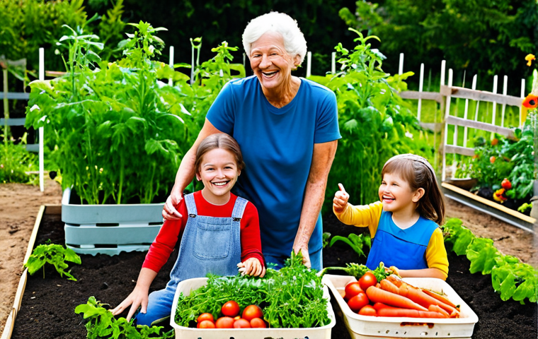 A multi-generational family, including two parents and two children, joyfully engaging in a home vegetable garden. The children are happily harvesting ripe tomatoes and pulling fresh carrots from the soil, their faces beaming with discovery and showing gentle dirt smudges. The parents are smiling, pointing to thriving plants and holding baskets overflowing with colorful, freshly picked produce. They are all wearing practical, modest farm clothing, fully clothed. The setting is a vibrant, sun-drenched garden with healthy plants, raised beds, and lush greenery. Professional photography, high-quality, realistic, natural pose, perfect anatomy, correct proportions, well-formed hands, proper finger count, natural body proportions, safe for work, appropriate content, family-friendly, modest clothing.