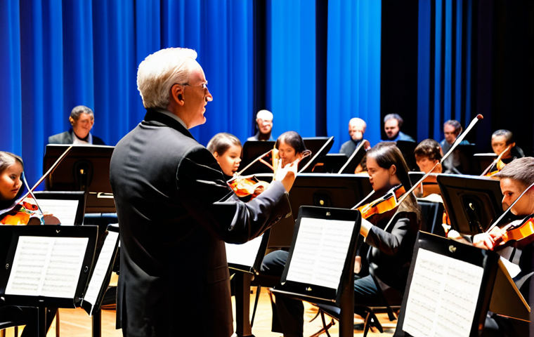 A family (an adult parent and a child aged 8-10 years old) attending a professional symphony concert in a grand, illuminated concert hall. The child, fully clothed in modest, smart casual attire, looks towards the orchestra on stage with an expression of profound wonder and active engagement. The parent, also fully clothed in appropriate, professional dress, subtly points towards the stage, sharing the moment of sensory immersion. The orchestra, with musicians playing various instruments (strings, brass, percussion), is visible in the background, creating a visual spectacle. The atmosphere is filled with quiet anticipation and shared appreciation. Professional photography, natural lighting, high detail, vibrant colors, clear focus. safe for work, appropriate content, family-friendly, perfect anatomy, correct proportions, natural pose, well-formed hands, proper finger count, natural body proportions.