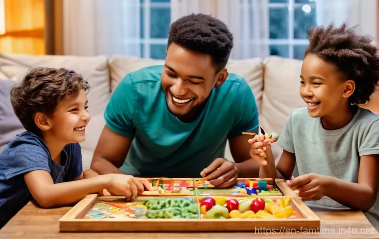 가족과 함께하는 보드게임 대회 - **"A multi-generational family board game night in a cozy, warmly lit living room. Parents, grandpar...