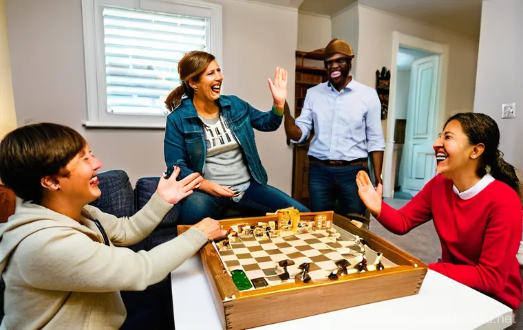 가족과 함께하는 보드게임 대회 - **"A lively 'Hydration and Snack Station' during a family board game tournament. The focus is on a b...