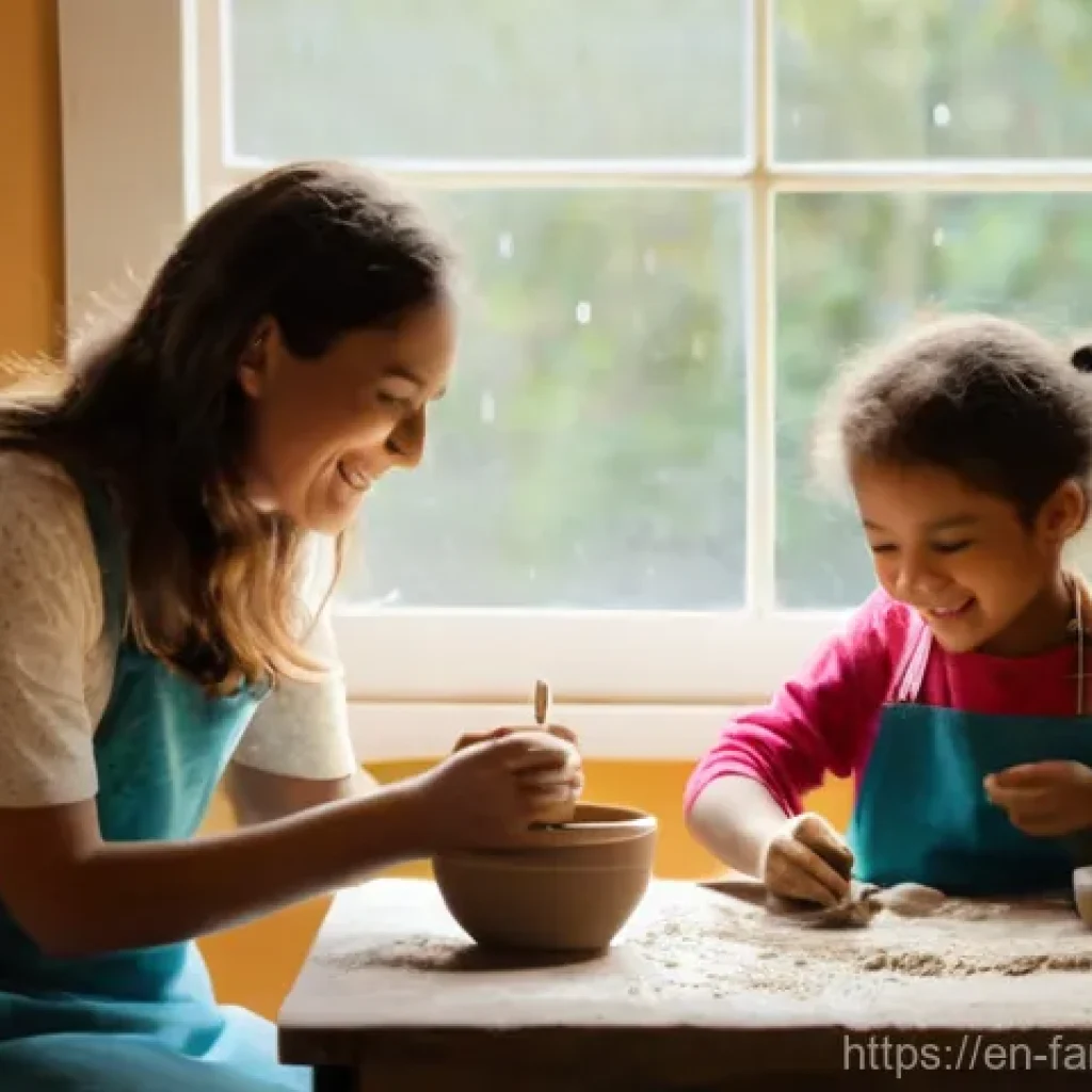 가족과 함께하는 도예 체험 - **Prompt 1: Family Hand-Building Fun**
    "A cozy, brightly lit pottery studio with a family of fou...