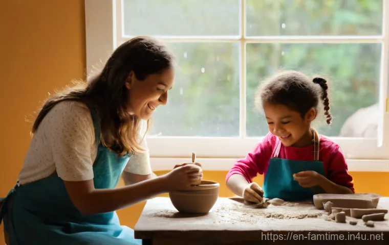 가족과 함께하는 도예 체험 - **Prompt 1: Family Hand-Building Fun**
    "A cozy, brightly lit pottery studio with a family of fou...