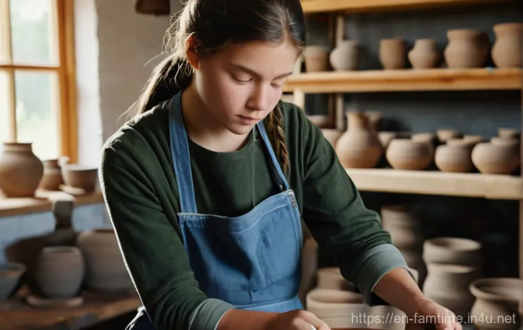 가족과 함께하는 도예 체험 - **Prompt 1: Family Hand-Building Fun**
    "A cozy, brightly lit pottery studio with a family of fou...