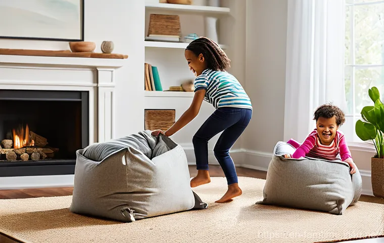 가족 건강을 위한 홈트레이닝 - **Prompt:** A vibrant, sunlit living room transformed into a cheerful family fitness zone. A diverse...