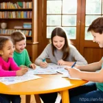 아이와 함께하는 보드게임 디자인 - **Prompt 1: Collaborative Brainstorming Session**
    "A heartwarming, brightly lit scene featuring ...