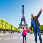 아이와 함께 가기 좋은 해외여행지 - A joyful family, consisting of parents, a boy approximately 7 years old, and a girl approximately 10...