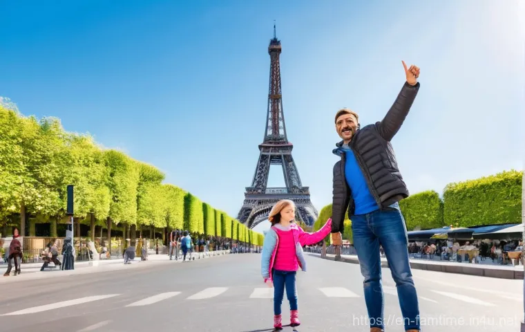 아이와 함께 가기 좋은 해외여행지 - A joyful family, consisting of parents, a boy approximately 7 years old, and a girl approximately 10...