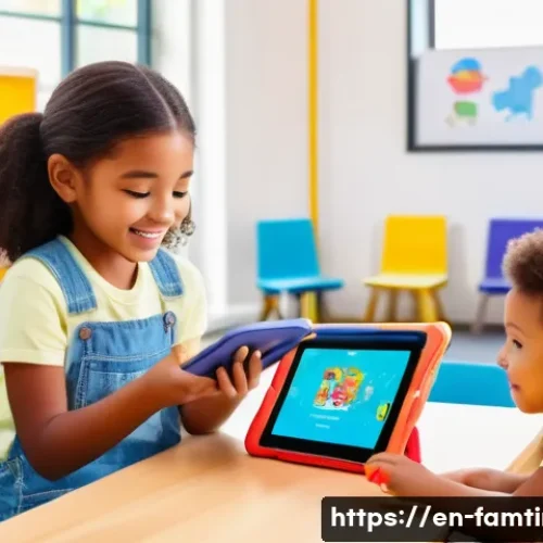 아이와 함께하는 AI 학습 체험 - A bright, colorful classroom scene showing children aged 5 to 7 engaged with AI-powered storybooks o...