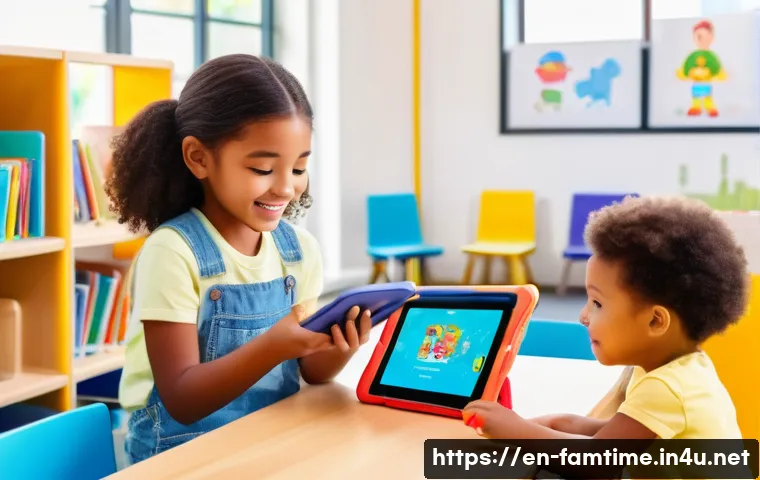 아이와 함께하는 AI 학습 체험 - A bright, colorful classroom scene showing children aged 5 to 7 engaged with AI-powered storybooks o...