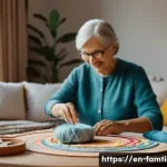 가족과 함께하는 자수 공예 - A warm, cozy family embroidery session in a softly lit living room, featuring three generations sitt...