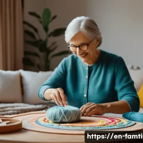 가족과 함께하는 자수 공예 - A warm, cozy family embroidery session in a softly lit living room, featuring three generations sitt...