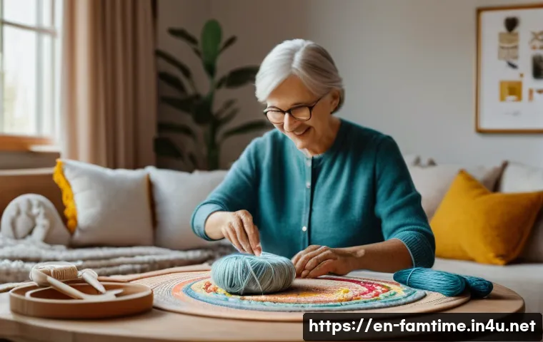 가족과 함께하는 자수 공예 - A warm, cozy family embroidery session in a softly lit living room, featuring three generations sitt...