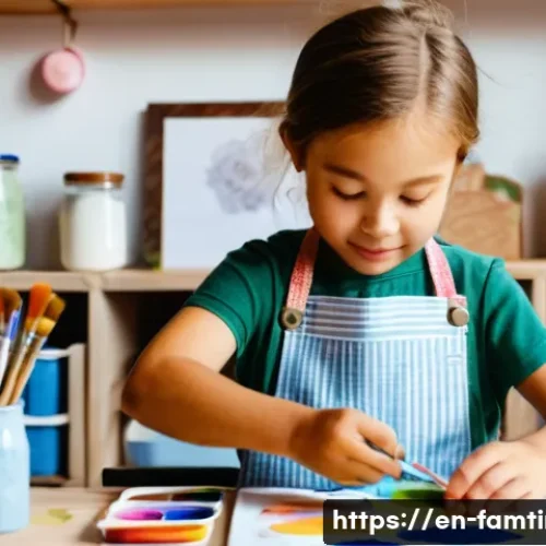 아이와 함께하는 창작 미술 활동 - A cozy, well-organized children’s art corner bathed in soft natural light, featuring labeled contain...