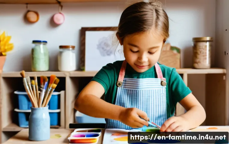 아이와 함께하는 창작 미술 활동 - A cozy, well-organized children’s art corner bathed in soft natural light, featuring labeled contain...