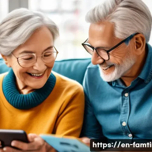 부모님을 위한 스마트폰 활용법 - A warm and inviting scene of an elderly couple sitting comfortably in a cozy living room, both smili...
