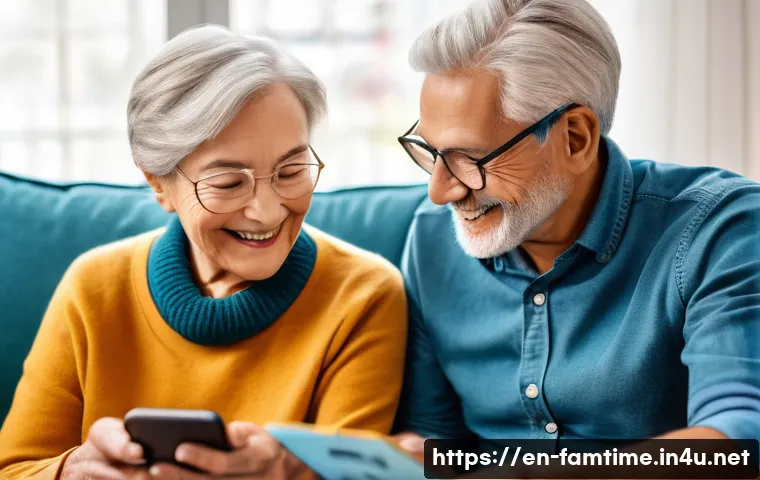 부모님을 위한 스마트폰 활용법 - A warm and inviting scene of an elderly couple sitting comfortably in a cozy living room, both smili...