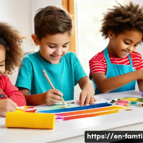 아이와 함께하는 재활용 DIY 프로젝트 - A cheerful scene of children gathered around a bright craft table in a cozy, sunlit room, enthusiast...