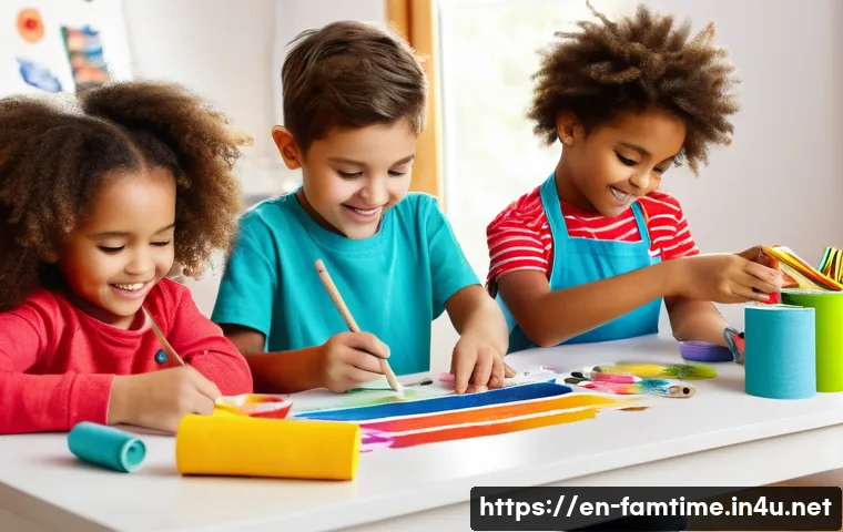 아이와 함께하는 재활용 DIY 프로젝트 - A cheerful scene of children gathered around a bright craft table in a cozy, sunlit room, enthusiast...