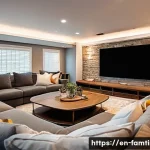 부모님과 함께하는 영화 마라톤 - A cozy home theater setup in a modern living room with dimmed warm string lights hanging softly arou...