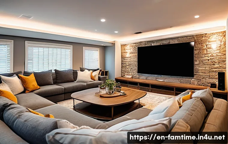 부모님과 함께하는 영화 마라톤 - A cozy home theater setup in a modern living room with dimmed warm string lights hanging softly arou...