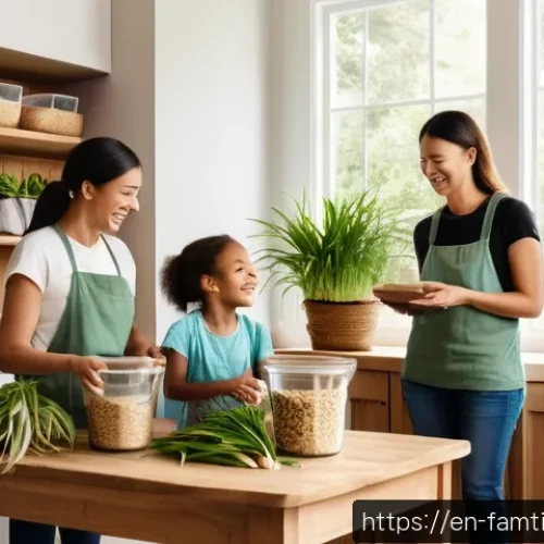 가족과 함께하는 친환경 생활 실천 - A cozy family kitchen scene showcasing sustainable living: a mother and two children using reusable ...