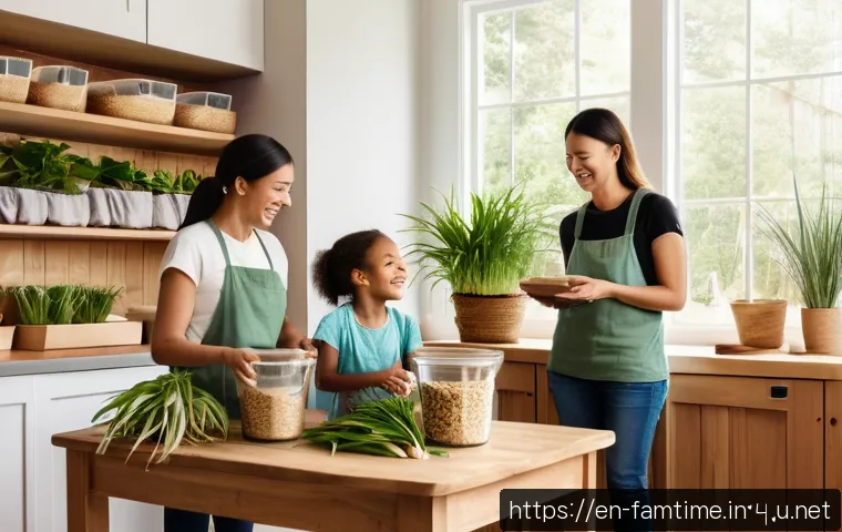 가족과 함께하는 친환경 생활 실천 - A cozy family kitchen scene showcasing sustainable living: a mother and two children using reusable ...