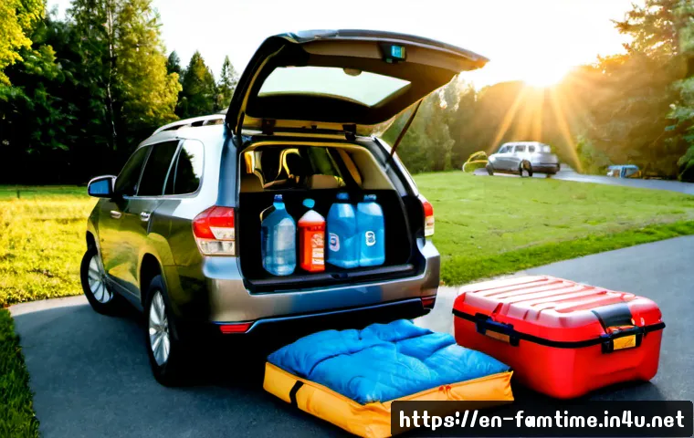 가족을 위한 자동차 캠핑 준비 - Photorealistic family car camping preparation scene at a suburban driveway in early morning, two par...