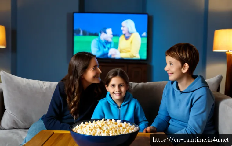가족이 함께 볼 만한 감동 영화 - Photorealistic cozy family movie night in a welcoming suburban living room, grandparents, parents, a...