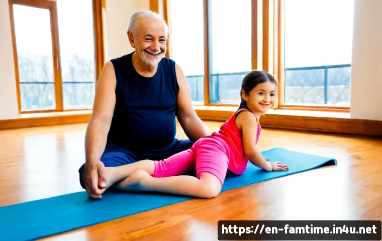 부모님과 함께하는 요가 클래스 - Photorealistic multigenerational family yoga class in a bright, welcoming community studio, an activ...