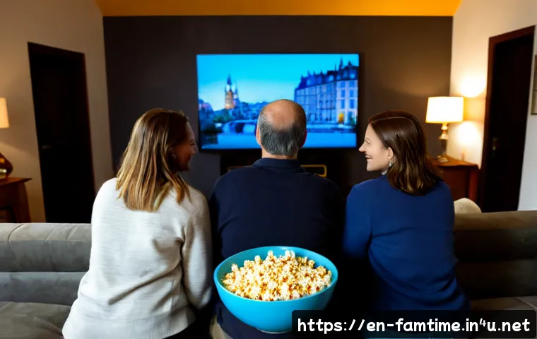 Home 17 가족과 함께하는 해외 영화 감상 - Photorealistic cozy family movie night in a modern American living room, three generations sitting t...
